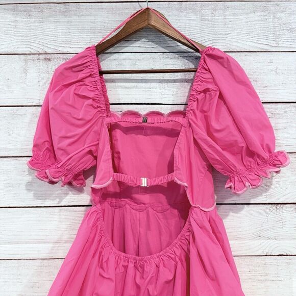 English Factory Scallop Tiered Pink Dress Size Medium Puff Sleeve Open Back Midi - Picture 5 of 12